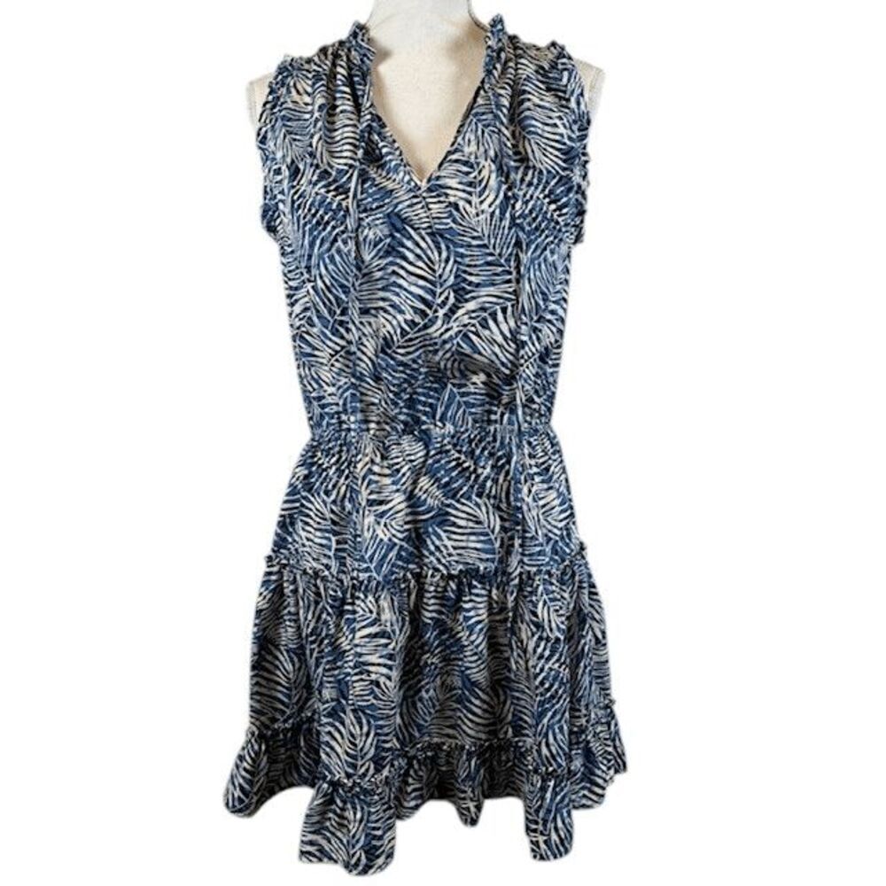 Fab'rik Tiered Mini Dress Blue Tropical Palm Leaf Print Elastic Waist Size Small